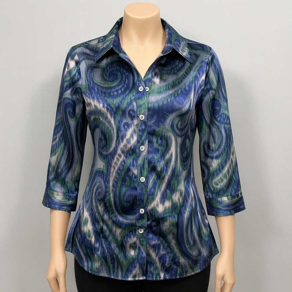 CHICO'S Blouse Womens Size 0 US 4 Small Multi Abstract‎ Paisley 3/4 Sleeve Chic